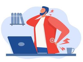 businessman at workplace suffering from  Neck Pain ,Muscle pain point,with office syndrome Flat vector illustration.