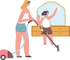 Small kid wiping surface of mirror and shelves, daughter helping mother with household chores. Mom vacuum cleaning floor, domestic work and routine in apartment dwelling. Vector in flat style