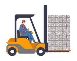 Forklift or loader used for transporting boxes vector