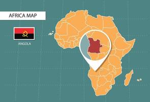 mapa de angola en la versión zoom de áfrica, iconos que muestran la ubicación y las banderas de angola. vector