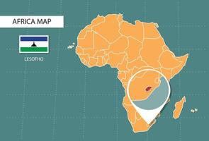 mapa de lesotho en la versión zoom de áfrica, iconos que muestran la ubicación y las banderas de lesotho. vector