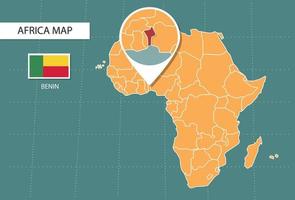 mapa de benin en la versión zoom de áfrica, iconos que muestran la ubicación y las banderas de benin. vector