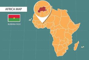 mapa de burkina faso en la versión zoom de áfrica, iconos que muestran la ubicación y las banderas de burkina faso. vector