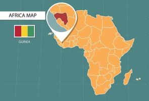 mapa de Guinea en la versión zoom de África, iconos que muestran la ubicación y las banderas de Guinea. vector
