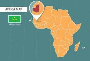 Mauritania map in Africa zoom version, icons showing Mauritania location and flags. vector