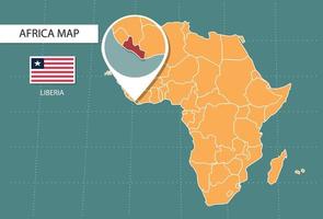 mapa de liberia en la versión zoom de áfrica, iconos que muestran la ubicación y las banderas de liberia. vector