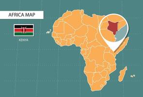 Mapa de Kenia en la versión zoom de África, íconos que muestran la ubicación y las banderas de Kenia. vector