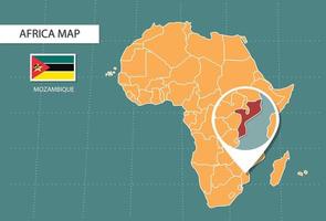 mapa de mozambique en la versión zoom de áfrica, iconos que muestran la ubicación y las banderas de mozambique. vector