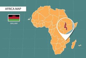 mapa de malawi en la versión zoom de áfrica, iconos que muestran la ubicación y las banderas de malawi. vector