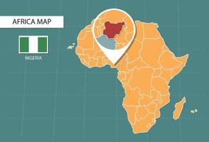 mapa de nigeria en la versión zoom de áfrica, iconos que muestran la ubicación y las banderas de nigeria. vector