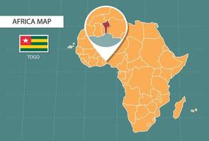 mapa de togo en la versión zoom de áfrica, iconos que muestran la ubicación de togo y banderas. vector