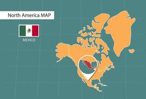 mapa de méxico en la versión de zoom de américa, íconos que muestran la ubicación y las banderas de méxico. vector