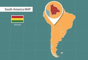 mapa de bolivia en la versión de zoom de américa, íconos que muestran la ubicación y las banderas de bolivia. vector