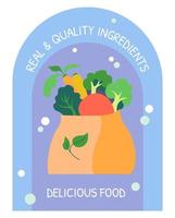 Real quality ingredients, delicious food label vector