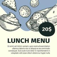 menú de almuerzo, vector de banner de shawarma de comida callejera