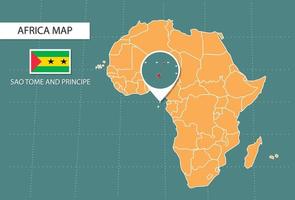 Sao Tome and Principe map in Africa zoom version, icons showing Sao Tome and Principe location and flags. vector