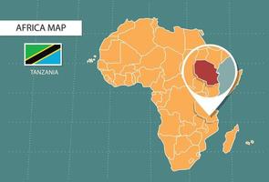 mapa de tanzania en la versión zoom de áfrica, iconos que muestran la ubicación y las banderas de tanzania. vector