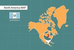 Guatemala map in America zoom version, icons showing Guatemala location and flags. vector