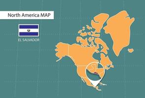 mapa de el salvador en versión zoom de américa, íconos que muestran la ubicación y las banderas de el salvador. vector