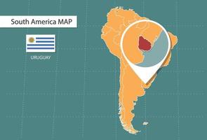 mapa de uruguay en la versión de zoom de américa, íconos que muestran la ubicación y las banderas de uruguay. vector