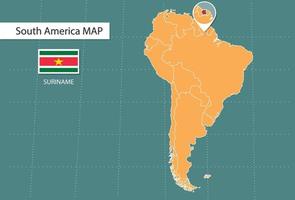 mapa de surinam en la versión de zoom de américa, iconos que muestran la ubicación y las banderas de surinam. vector
