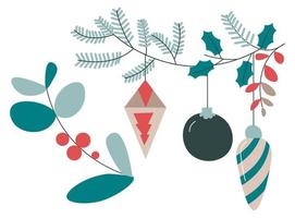 Xmas decor pine tree branch with baubles toys vector