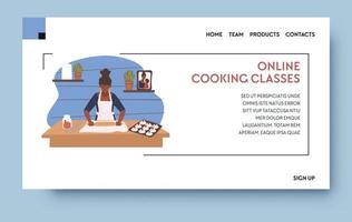 Cooking classes online, learning how to prepare food with lessons and videos in internet. Free courses for all. Website or web landing page template with navigation buttons. Vector in flat style