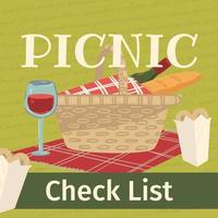 Picnic check list, basket and blanket with wine vector