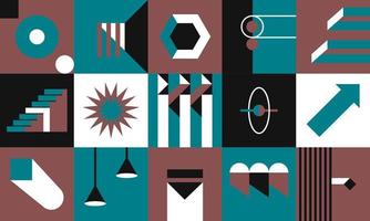 Squares with abstract forms and shapes, modern mid century or bauhaus art. Simple shapes and geometric lines, stairs and hanging lamps, arrow and sunburst primitive representation. Vector in flat