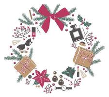 Xmas wreath with present boxes, new year gift vector