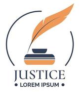 Justice, logotype with feather and ink vector