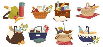Baskets for picnic, food and book for weekends vector