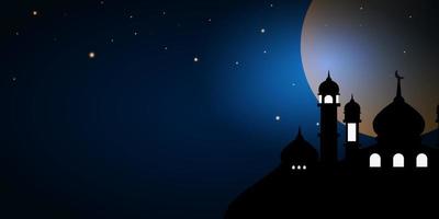 fondo de la mezquita por la noche con luna llena. adecuado para afiches, pancartas, campañas y tarjetas de felicitación para festividades islámicas con espacio de copia para su texto. vector