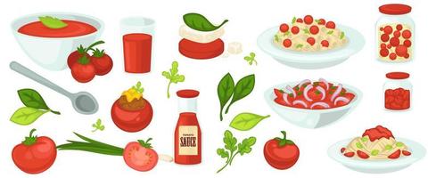 Tomato based food and dishes, soup and salads vector