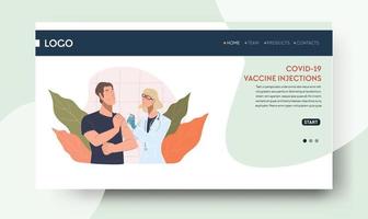 inyecciones de vacuna covid 19, personaje masculino que se disparó en clínicas u hospitales. enfermera con jeringa y paciente. sitio web o plantilla de página de destino web con botones de navegación. vector en estilo plano