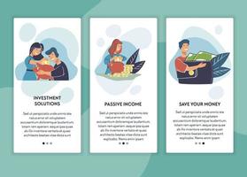 Investment solutions and passive income, financial growth and saving money, banking and deposits. Family with biggy bank and man with wallet. Story or post in social media, rectangular formats vector