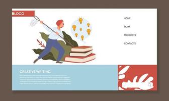 Creative writing, copywriting ideas leading to increase of audience and sales. Woman with sack and light bulbs. Website or web landing page template with navigation buttons. Vector in flat style