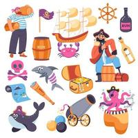 Pirates with rum and flag weapon and sea adventure vector