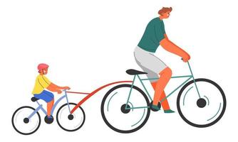 Dad and kid riding bicycle, father teaching child vector
