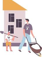 Dad and son working on building on construction site by house, father and small kid with instrument helping daddy. Man with wheelbarrow and material, kiddo with metal shovel. Vector in flat style