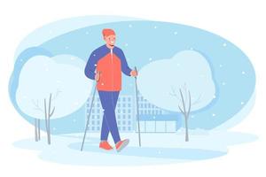 Senior elderly man training Nordic walking with ski trekking poles in winter park. Active rest outdoors. Concept of active healthy lifestyle of seniors vector