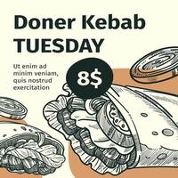 martes de doner kebab, precio especial para comida rapida vector