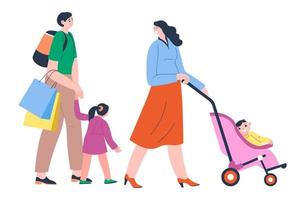 Family shopping, couple with children walking vector