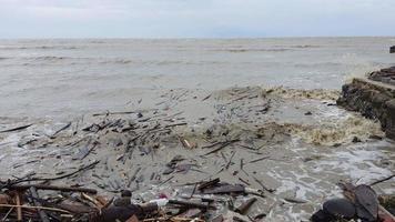 vågor på en strand i semat område, jepara, central java. de tillstånd av de hav utseende smutsig med skräp video