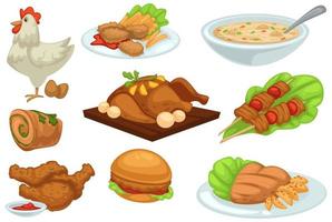 Chicken grilled and baked, food and dishes set vector