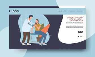Importance of vaccination, protecting body from covid 19 and virus diseases and illnesses. Clinic and hospital care. Website or web landing page template with navigation buttons. Vector in flat style