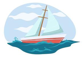 velero con velas y mástil, vector de viaje por mar