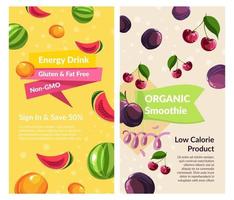 Organic smoothies, energy drink with fruits banner vector
