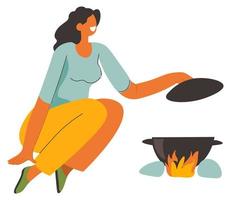 Woman cooking soup on bonfire, camping weekends vector