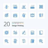 Paquete de iconos de color azul de pensamiento de diseño 20 como encontrar archivo de organización de pincel de capa vector